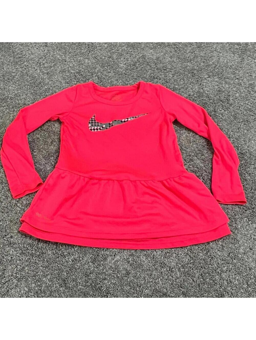 Nike Girl's Youth Pink Long Sleeve Swoosh Logo Ruffled Tiered Shirt size Small